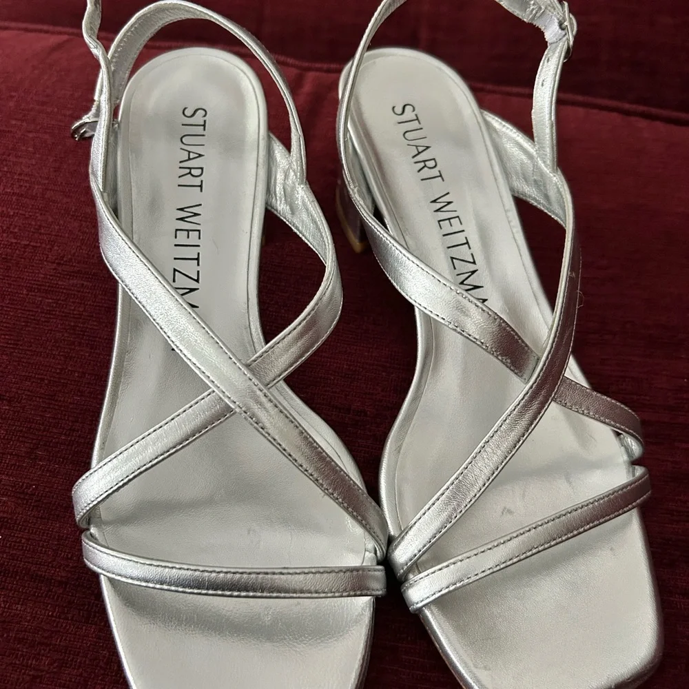 Stuart Weitzman Metallic Silver strappy Sandals with block heels size 7